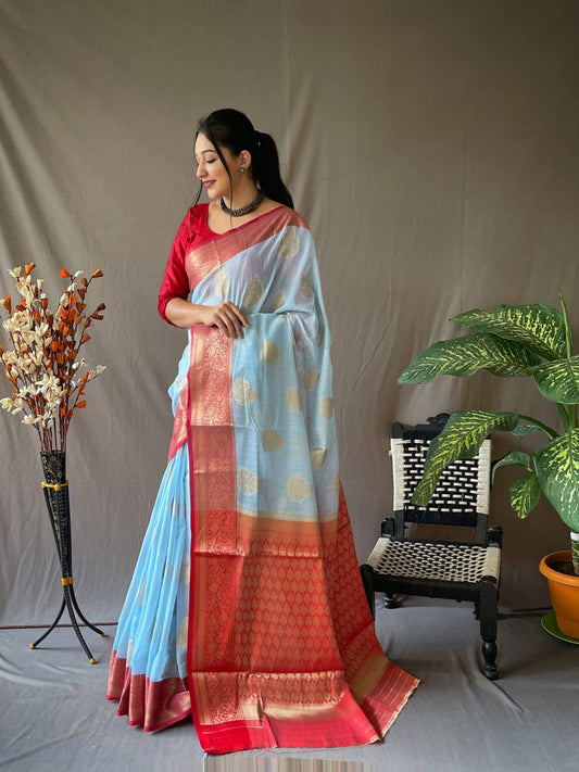 Sky Blue Linen Saree With Chap Border