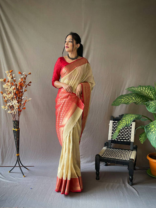 Cream Linen Saree With Chap Border