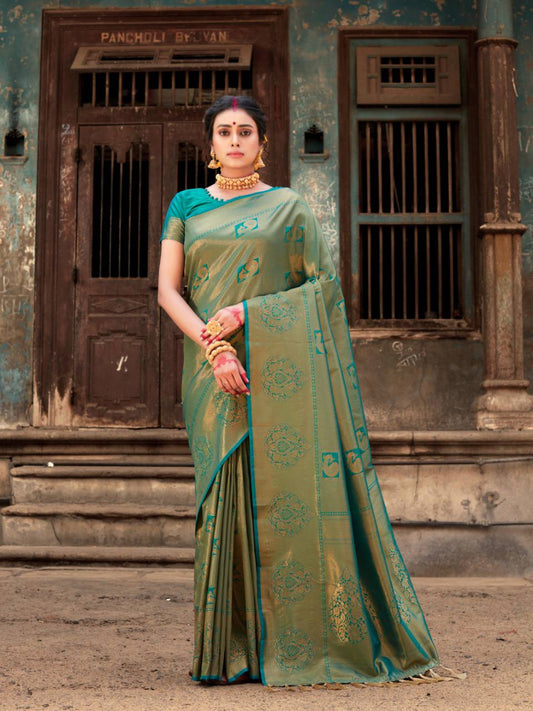 Green Pure Softy Silk Saree With Handloom Zari