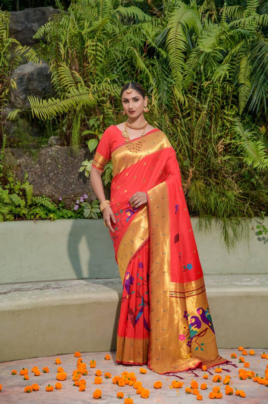 Red Paithani Pure Silk Handloom Saree With Pure Jari