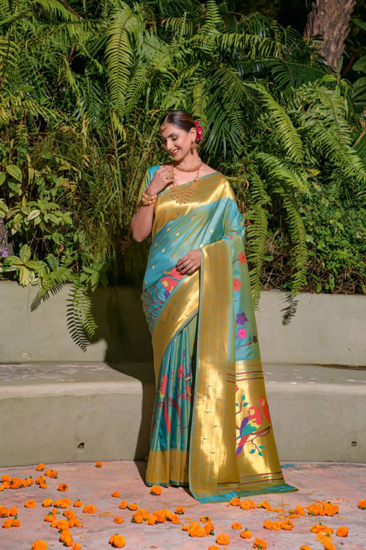 Sky Blue Paithani Pure Silk Handloom Saree With Pure Jari