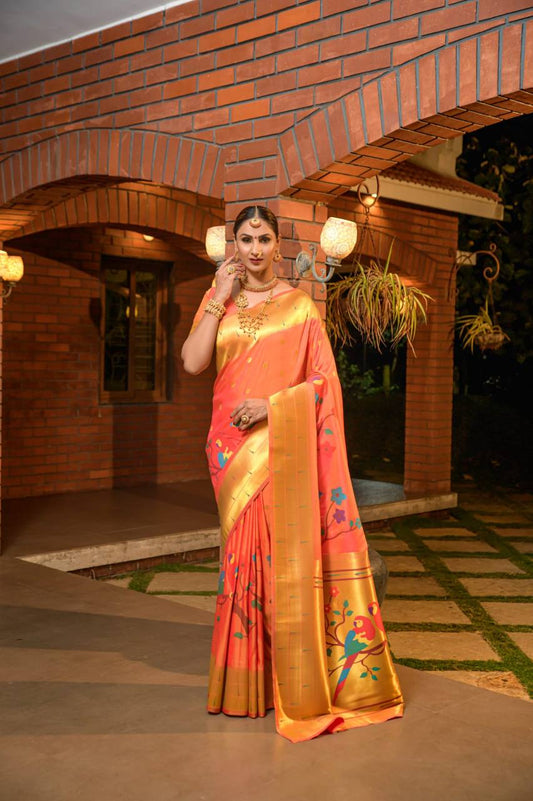 Orange Paithani Pure Silk Handloom Saree With Pure Jari