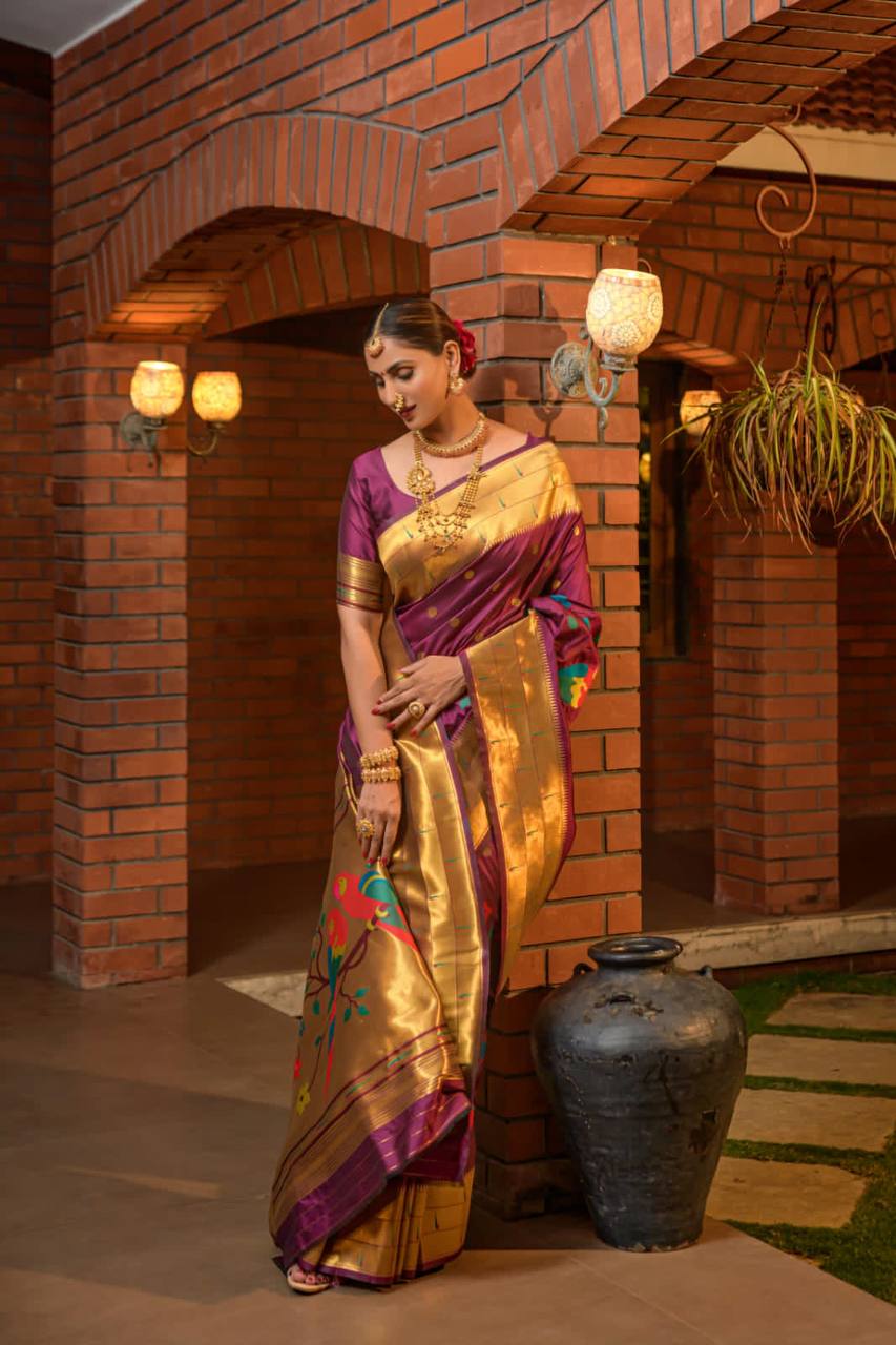 Wine Paithani Pure Silk Handloom Saree With Pure Jari