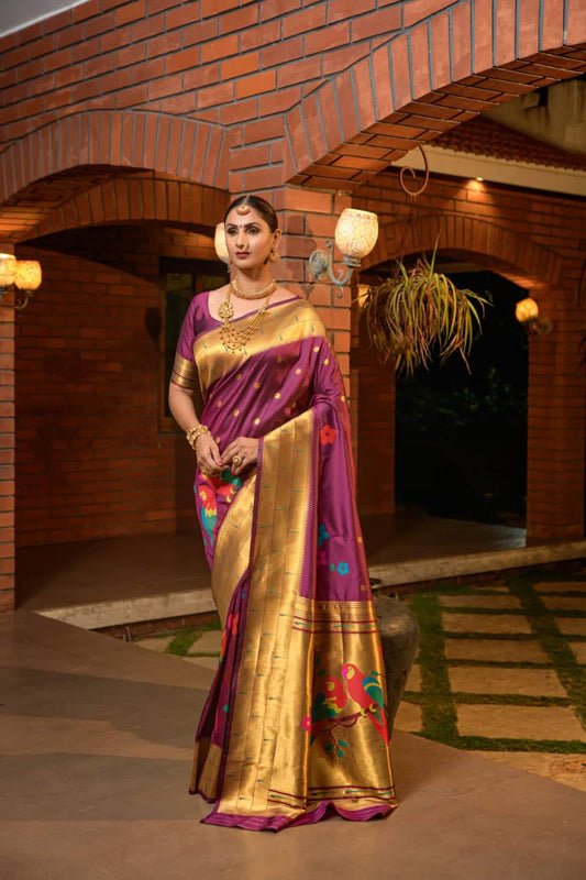 Wine Paithani Pure Silk Handloom Saree With Pure Jari