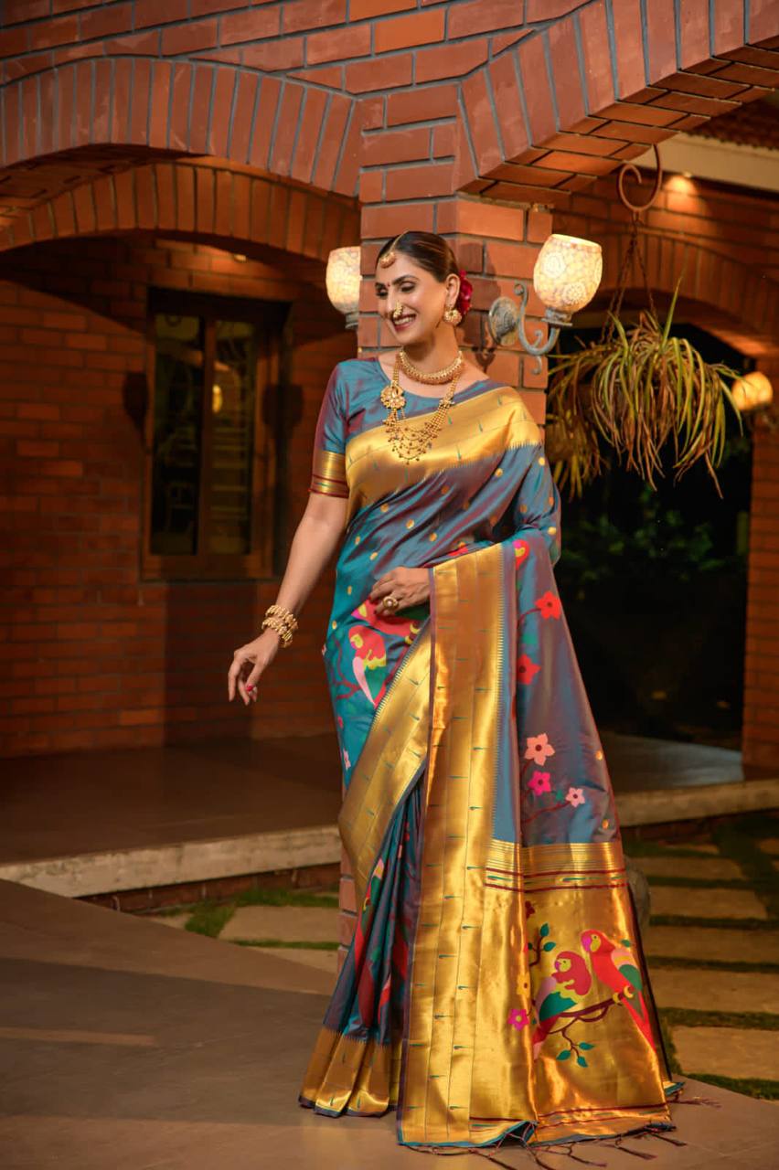 Teal Paithani Pure Silk Handloom Saree With Pure Jari