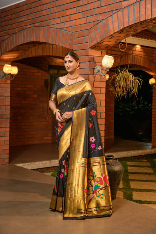 Black Paithani Pure Silk Handloom Saree With Pure Jari