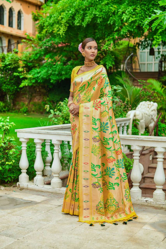 Yellow Banarasi Soft Silk Paithani Saree