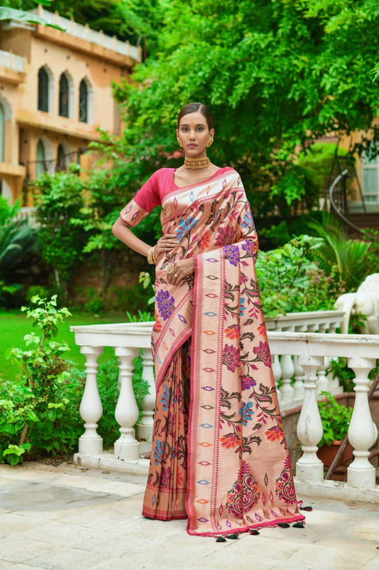 Peach Banarasi Soft Silk Paithani Saree