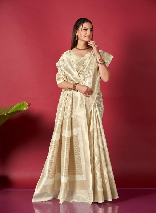 Cream Linen Saree With Ikkat Self Weaving