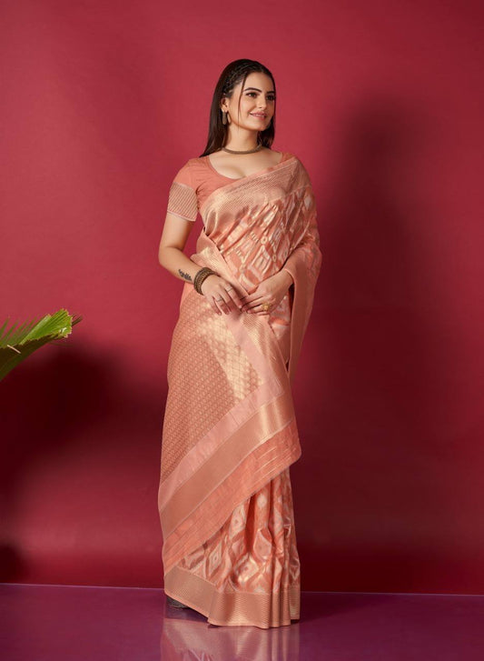 Orange Linen Saree With Ikkat Self Weaving