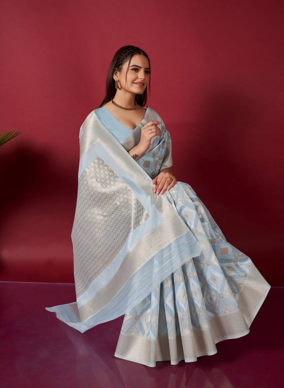 Grey Linen Saree With Ikkat Self Weaving