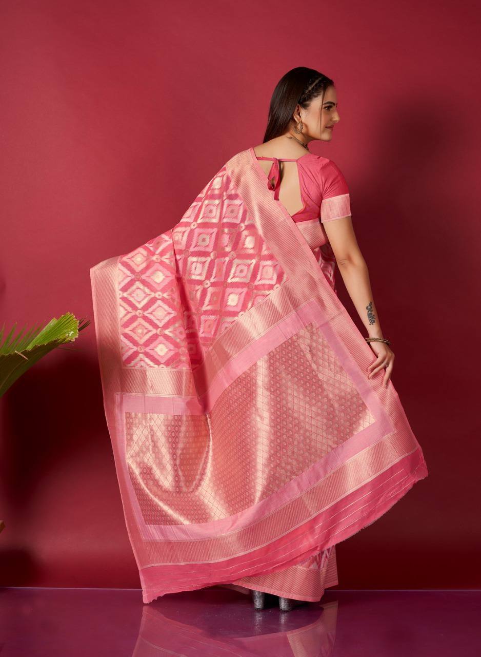 Rani Linen Saree With Ikkat Self Weaving