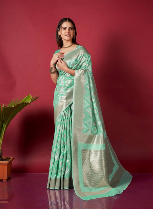 Green Linen Saree With Ikkat Self Weaving