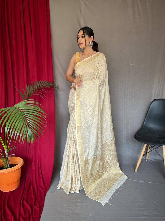 Cream Pure Muslin Soft Silk Saree