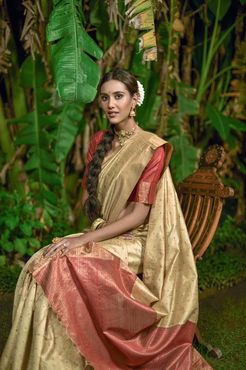 Cream Bhagalpuri Silk Saree