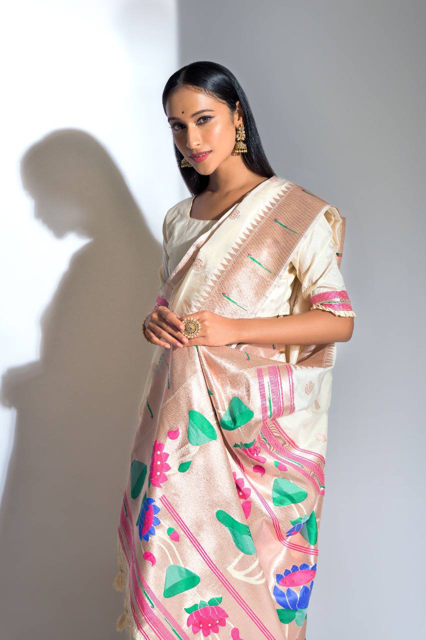 Winter Mood White Paithani Silk Saree – Vishnu Weaves