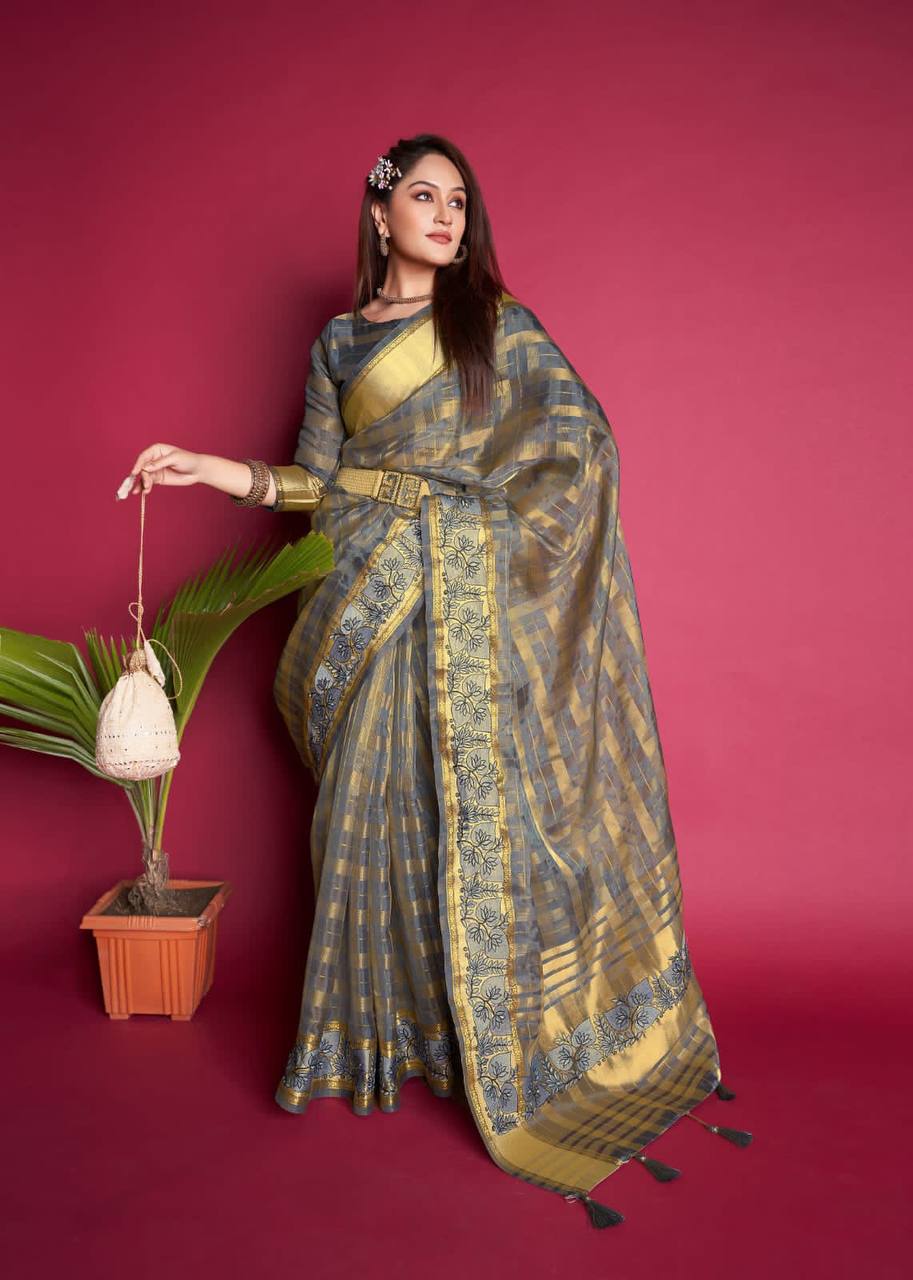 Grey Tissue Organza Silk Saree