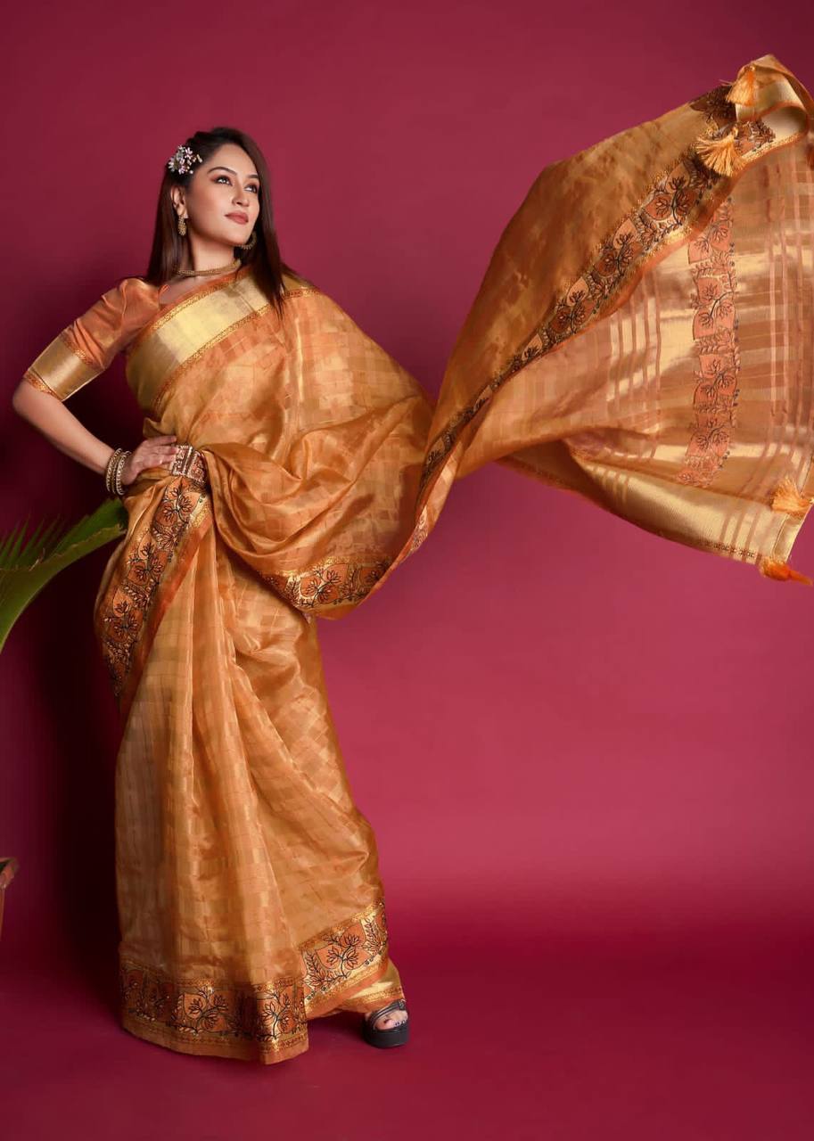 Yellow Mirror and Cutdana Work Saree in Organza Tissue - PSAED1891...