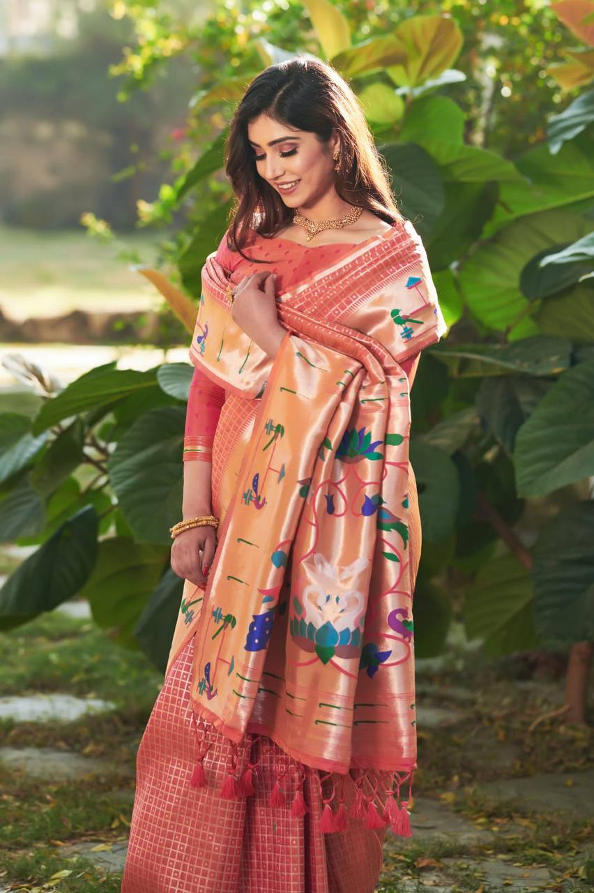 Orange Banarasi Soft Silk Paithani Saree With Fancy Meena Weaves