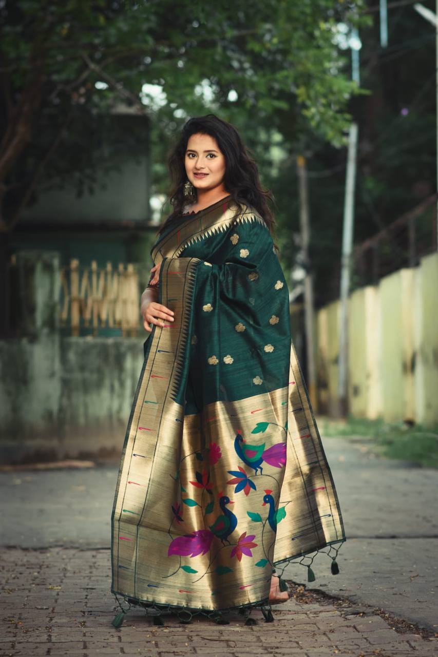 DivineCollections - Wore a simple saree from my collections. Jute saree  with paithani print on pallu and border. Matched with a full sleeve blouse.  Cost doesn't matter at times where the look