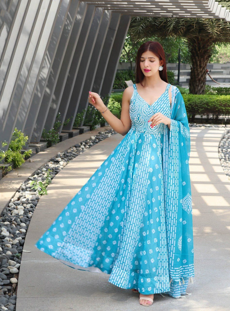 Sky Colour Fox Georgette Digital Print With Pearl Work Gown Set