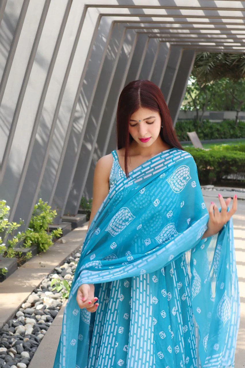 Sky Colour Fox Georgette Digital Print With Pearl Work Gown Set