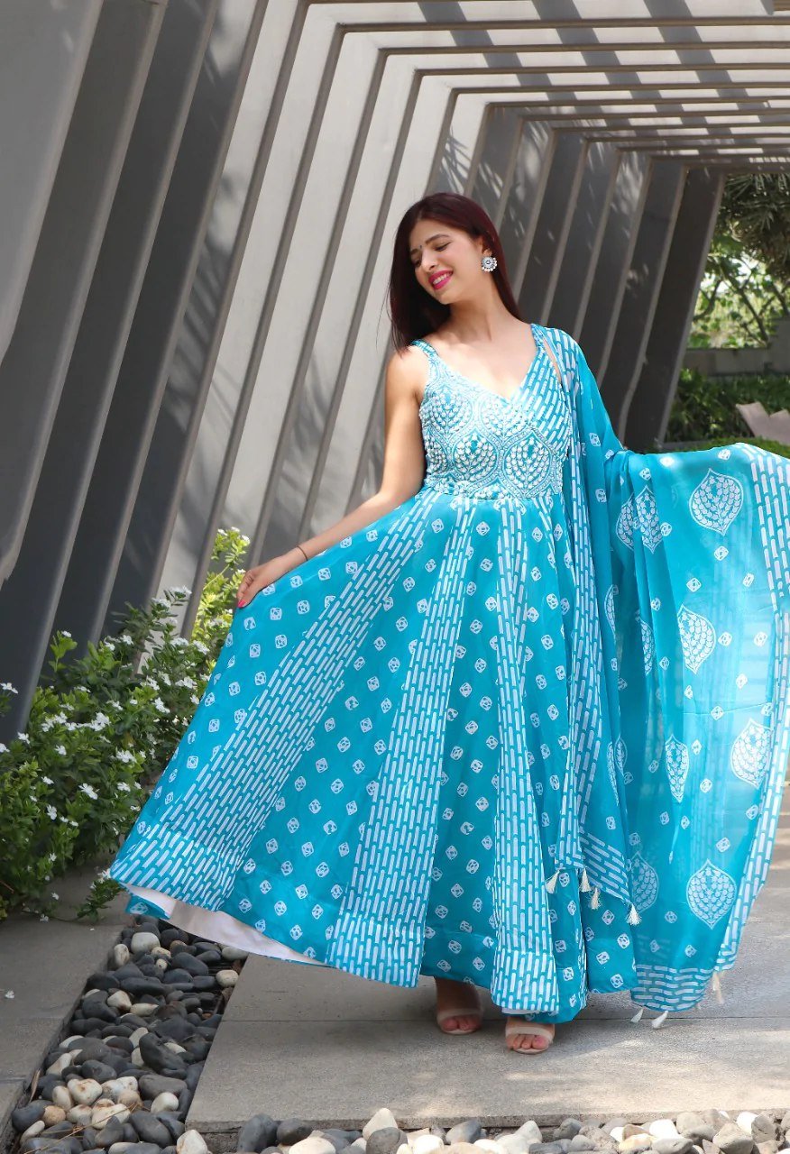 Sky Colour Fox Georgette Digital Print With Pearl Work Gown Set