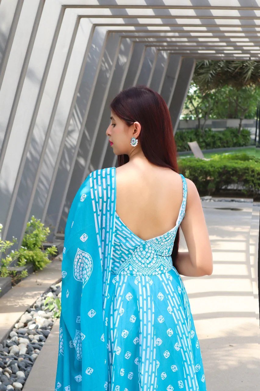 Sky Colour Fox Georgette Digital Print With Pearl Work Gown Set